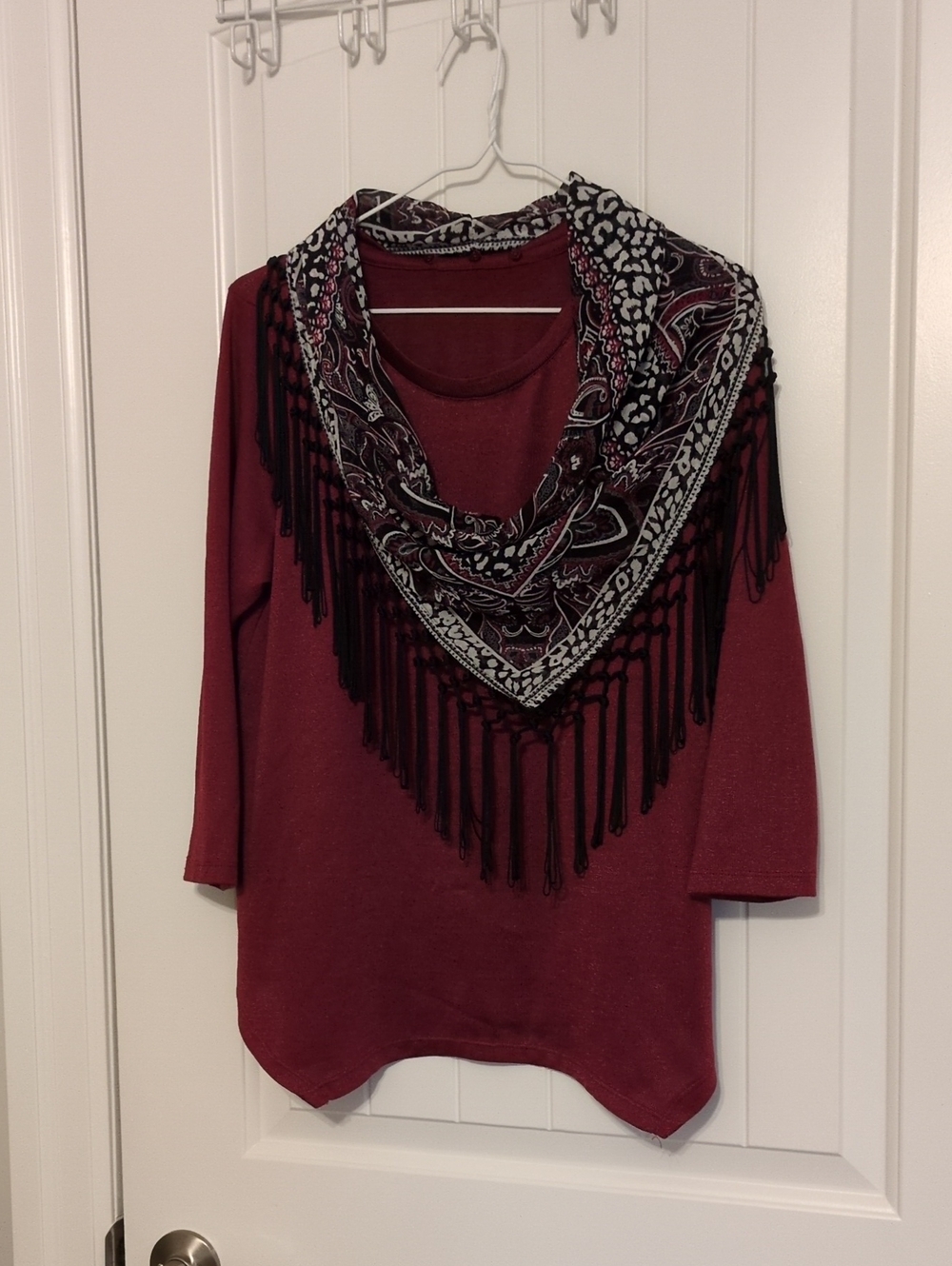Women's Burgundy Tunic Top with Patterned Fringe Scarf